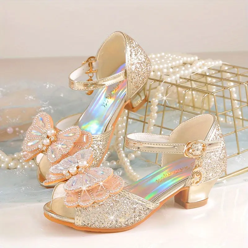 2025 Summer New Girls' Fashion Princess Sandals - Sparkly Crystal Glitter High Heels, Synthetic Leather-Microfiber Upper, TPR Rubber Sole, Formal & Casual Kids' Footwear