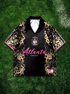 Men's Atlanta Leopard Print Soccer Jersey | Hip-Hop Streetwear Graphic Sports Shirt | Groovy Pink & Gold Retro Sport Tee | Loose Fit for Street Style, Festivals & Athletic Wear