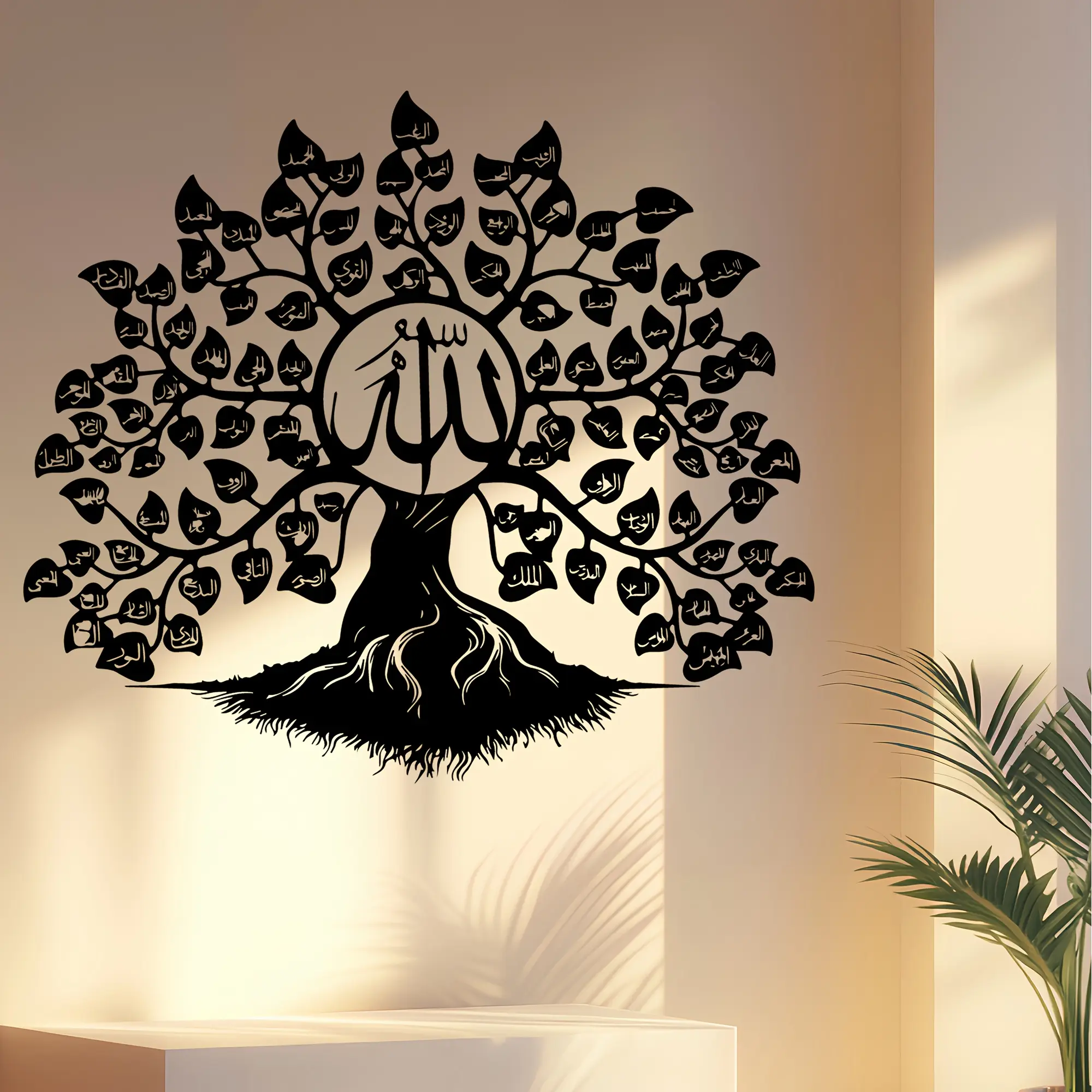 Islamic Metal Wall Decor, Black, Religious Decor, Religious Decorations, Elegant Faith Tree with 99 Allah Names, Calligraphy Art, Suitable for Muslim Home Office Mosque Decoration, Gifts