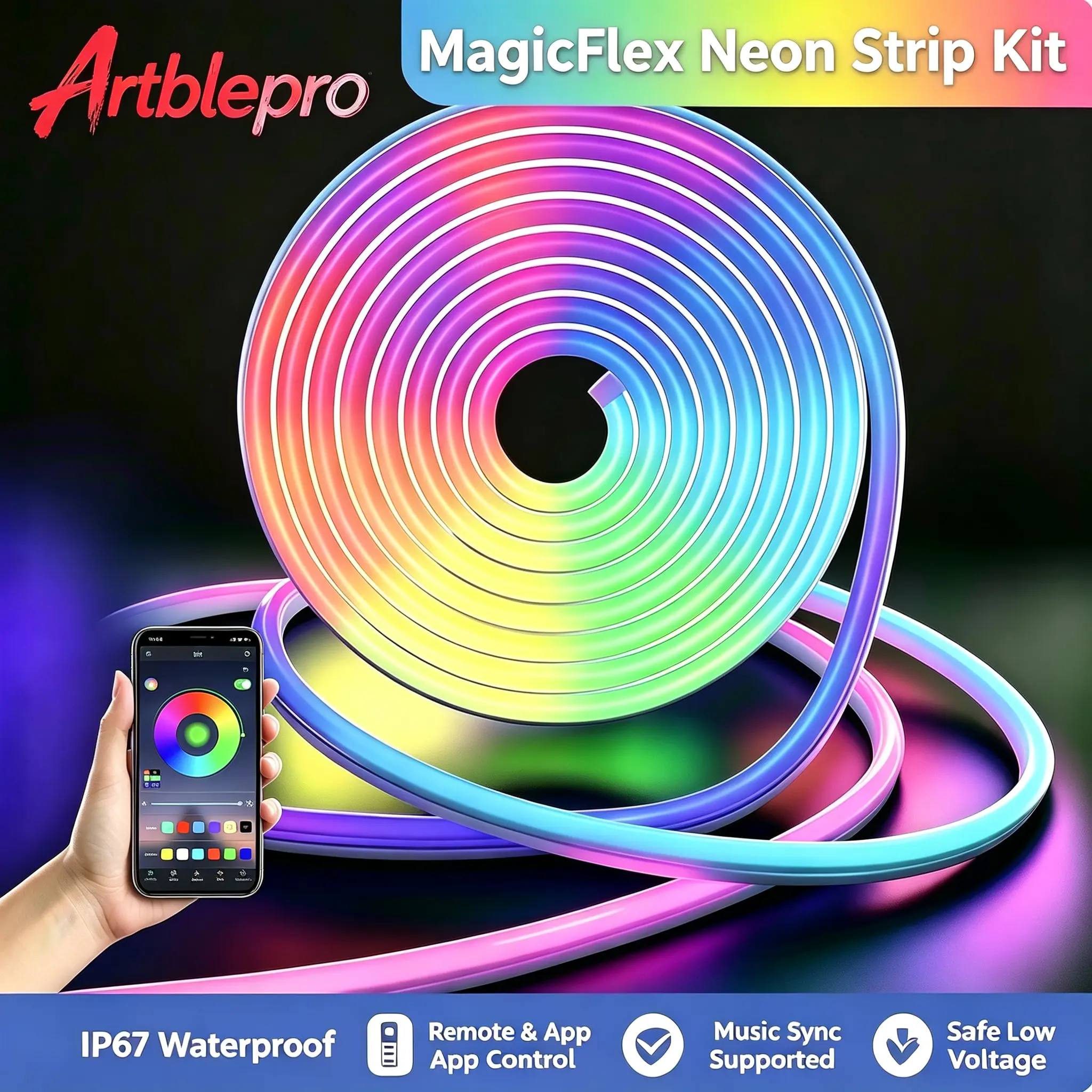 ARTBLEPRO LED Neon Rope Strip Lights - 32.8ft Length RGB Multicolored Light, App Remote Control, Music Sync, IP67 Waterproof Flexible Indirect Lighting, LED Interior Strips for Gamers/Streamers Bedroom Decor