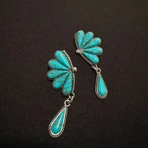 Vintage Turquoise Fan Drop Earrings -072