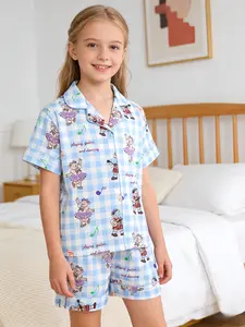 2-Piece Summer Kids Flame-Resistant Pajama Set, Short Sleeve Button Front Top & Shorts, Cute Bear Pattern, All Seasons, Boys & Girls
