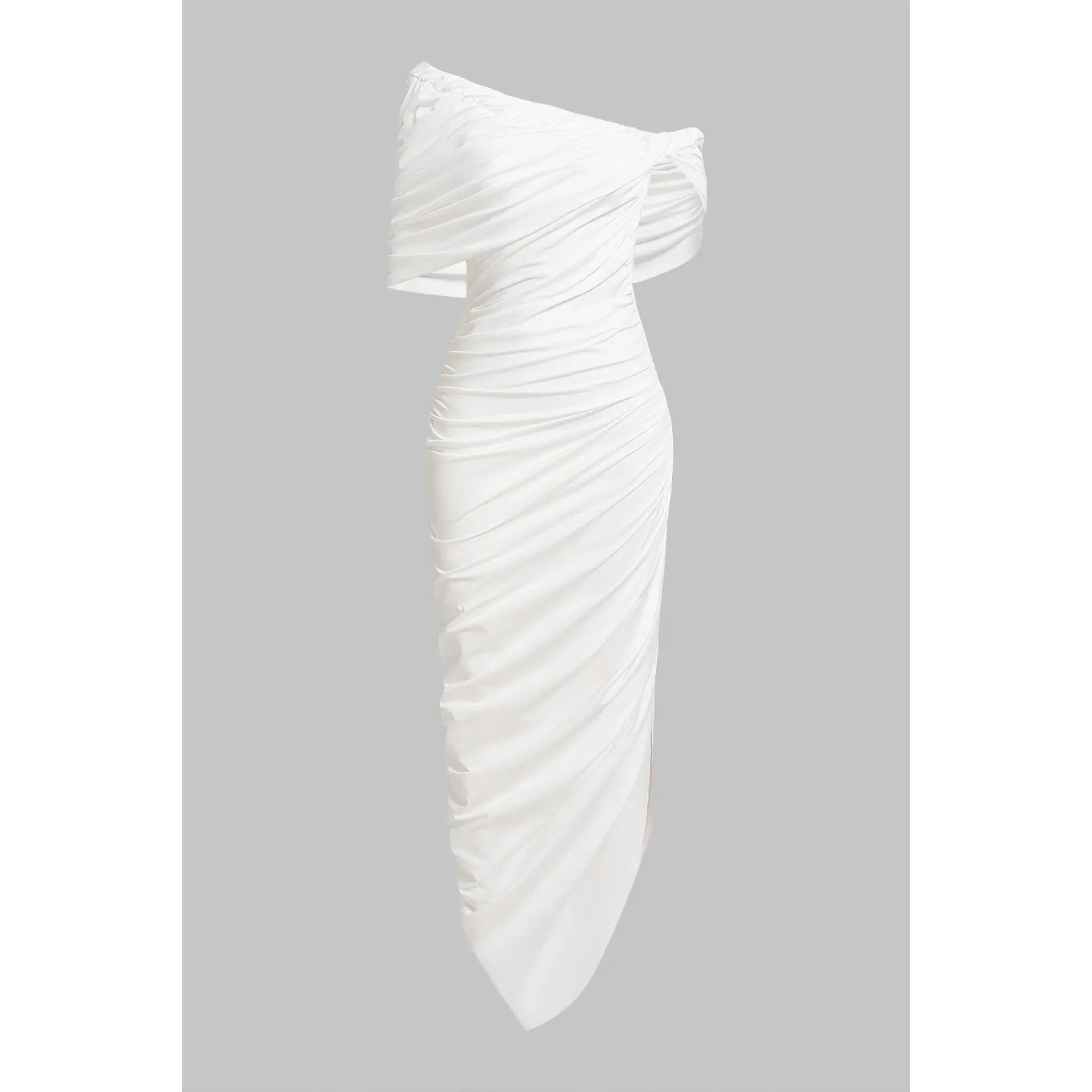 Women's Fitted Off-Shoulder Asymmetrical Ruched Sleeveless Jersey Fabric Casual Midi Dress, Casual Dress