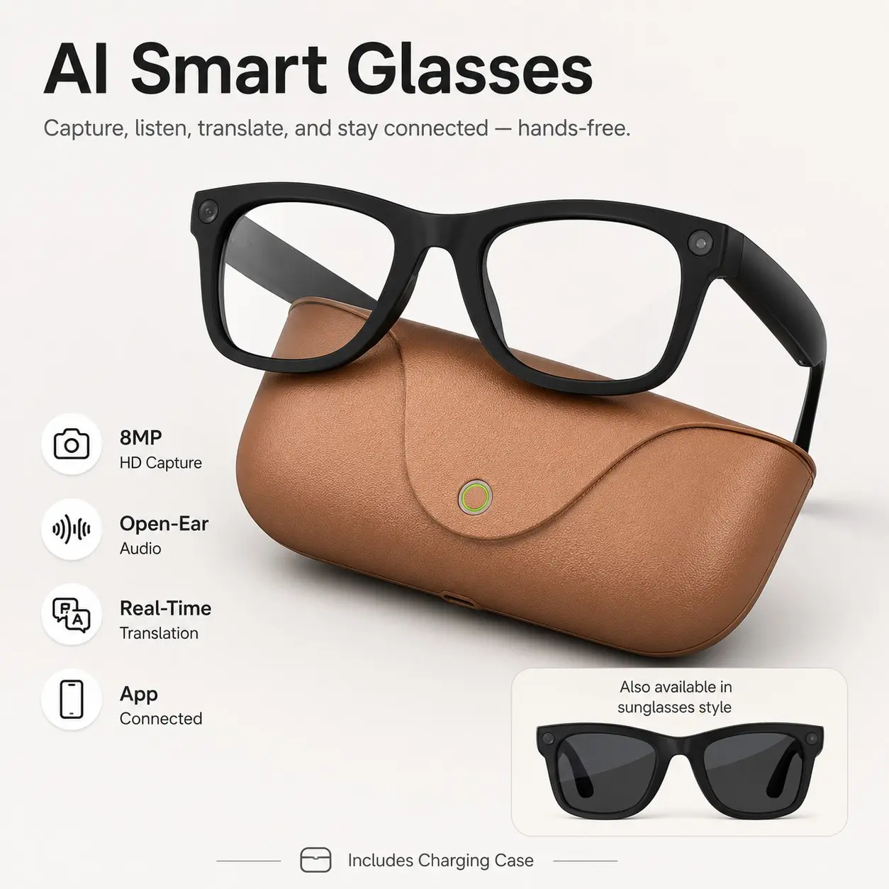 Ai Smart Sunglasses with Camera, 8mp Photo & 1080P Video, Enc Noise Cancellation, 96h Battery, Bluetooth-compatible 5.4, Ip65 Rated, Lightweight Frame, Wearable Tech Glasses, Wireless Eyewear