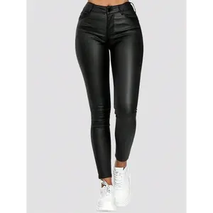 Rave Solid High Waist Slant Pockets PU Leather Party Skinny PantsGift