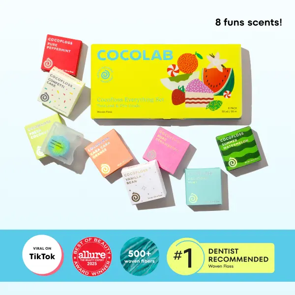 COCOLAB Cocofloss Everything Set - 8 Fun Scents, 16 Months Supply, Dentist-Designed, Soft Textured Dental Floss, BPA-Free, Vegan, Cruelty-Free, Recycled Materials