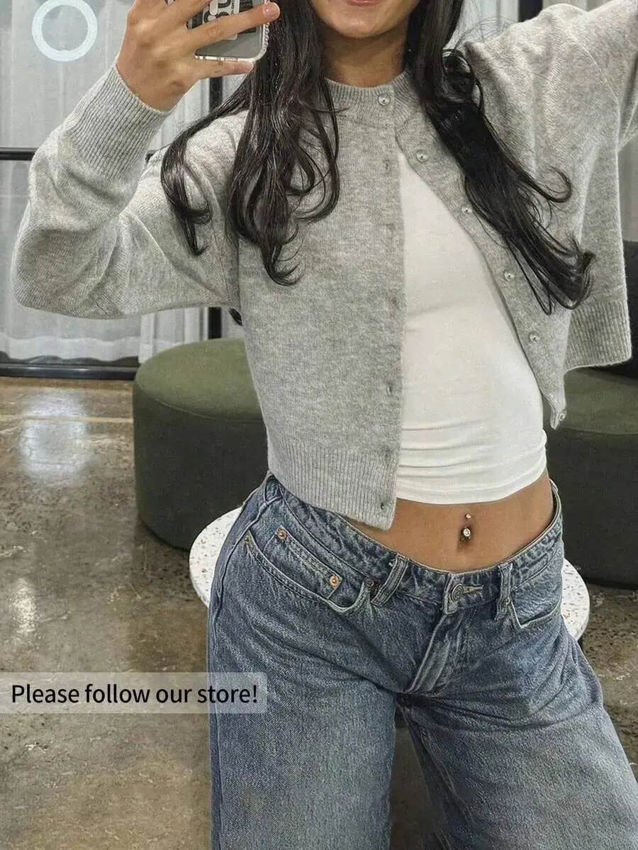Girls/Teens Elegant Fashionable Minimalist Vintage Trendy Solid Color Button Cardigan Knit Top for Daily Commuting Casual Wear Spring Autumn Winter
