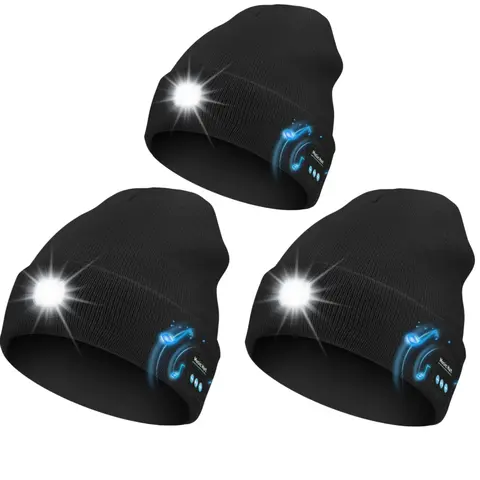 Bluetooth Beanie with Light, Unisex USB Rechargeable LED Fashlight Hat with Cordless Headphones, Unique Christmas Birthday Gifts for Men Husband Teen