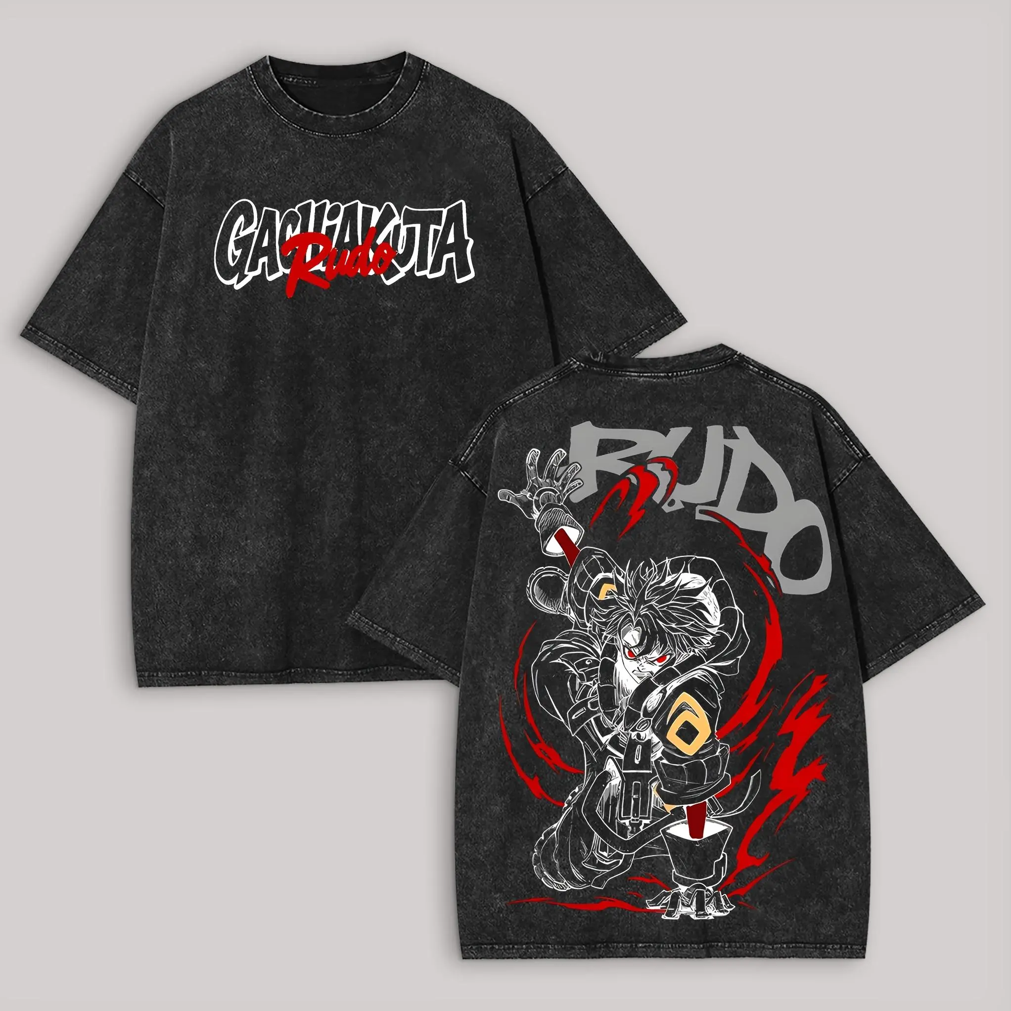 Gachiakuta Rudo Printed Unisex Round Neck Distressed Washed Fitted Short-Sleeve Tshirt, Men's Vintage Casual Sports Festive Top 131
