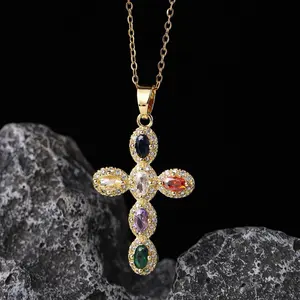 LunaStdla Multicolor Cross Necklace - Simple Versatile Style Colourful Zirconia Cross Faith Pendant Necklace for Women Men Girls, Perfect for Daily Wearing Costume Decoraction, Jewelry Gift