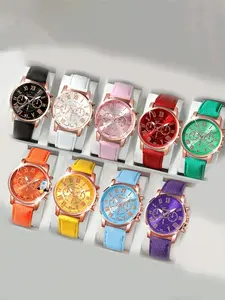 Stylish 9-piece watch set, unisex quartz movement, zinc alloy round case, synthetic leather bracelet, none, mixed colors,