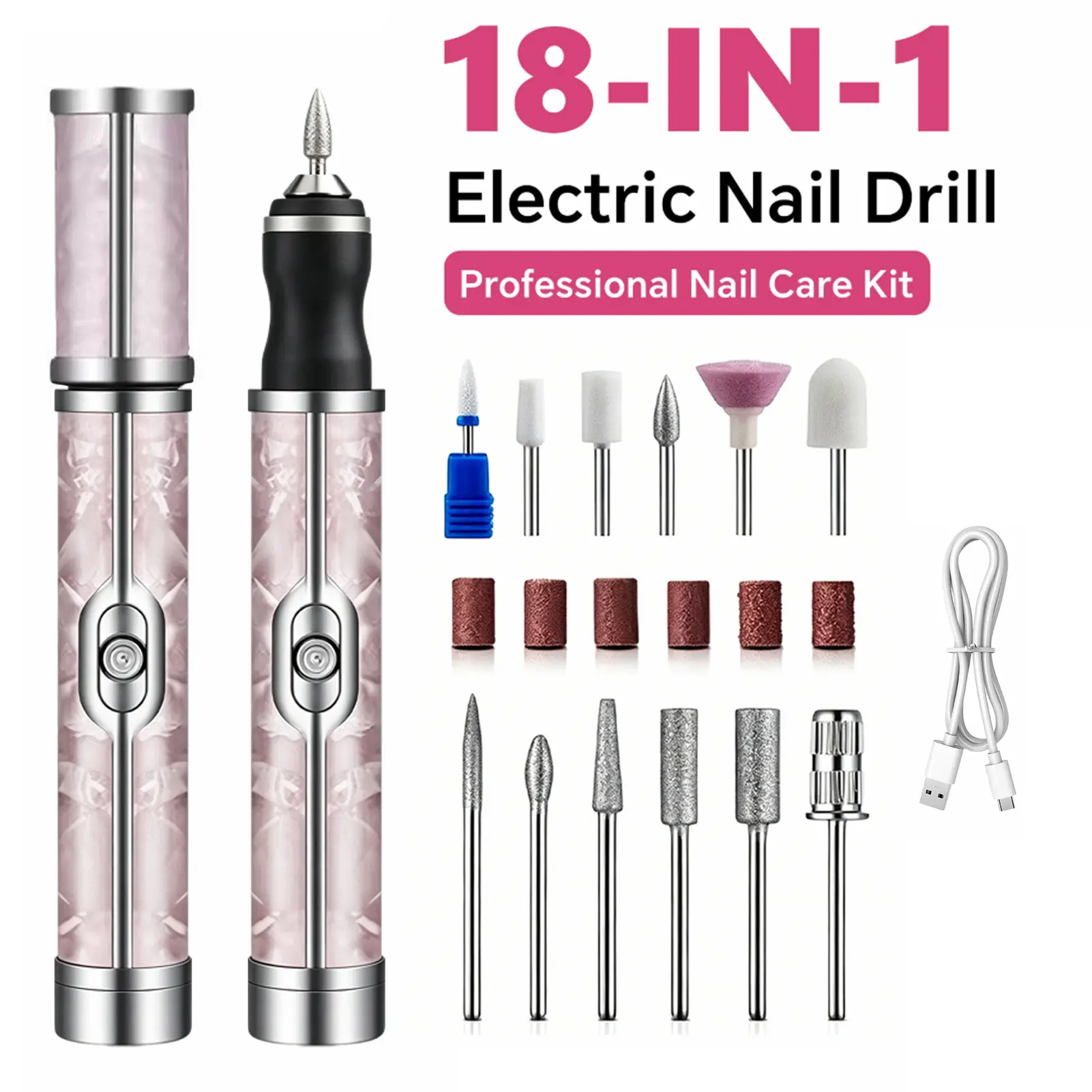 1pc 18 in 1 Cordless Electric Nail Drill for DIY Manicure & Pedicure, 18 Grinding Heads, 4 Adjustable Speeds, Low Noise, Smooth Nail Care Tool for Polishing