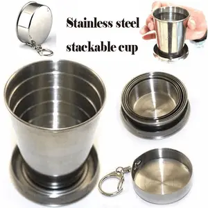 1pcs Travel Cup With Keychain, Stainless Steel Folding Camping Cup Portable Drinking Mug For Hiking, Picnic and other Outdoor Activities, 150ml