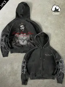 Men's Vintage Zip Hoodie, Faith over Fear Print, Jesus Graphic Pattern, Oversized Fit, Soft Cotton Material, Casual Streetwear Style, Spring & Fall