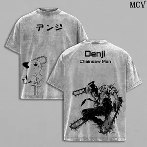 Denji x Pochita Chainsaw Man Tee Washed – The Movie: Reze Arc Vintage Oversized Heavy Cotton Anime Manga T-Shirt, Double Printed Retro Unisex Streetwear Graphic Top Gift for Otaku Fans