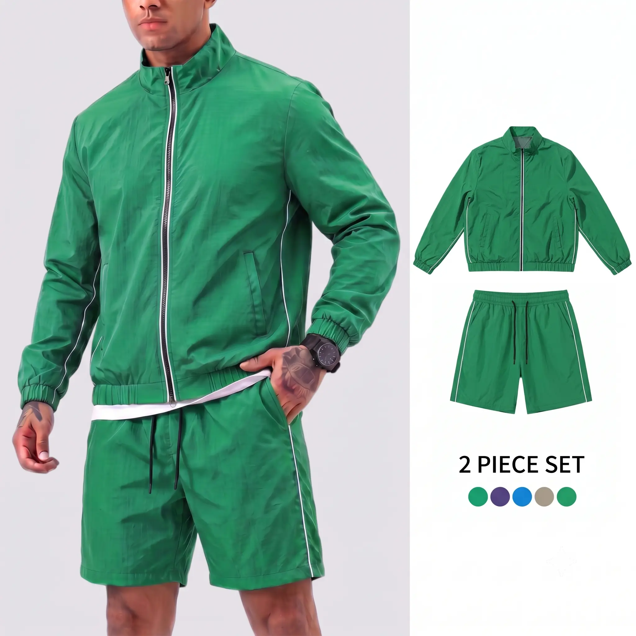 Men’s retro athletic two-piece set featuring contrasting piping: long-sleeve zip-up top and casual shorts with an elastic waistband and slanted pockets. Versatile men’s outfit suitable for jogging, tennis, club events, and everyday casual wear—an essentia