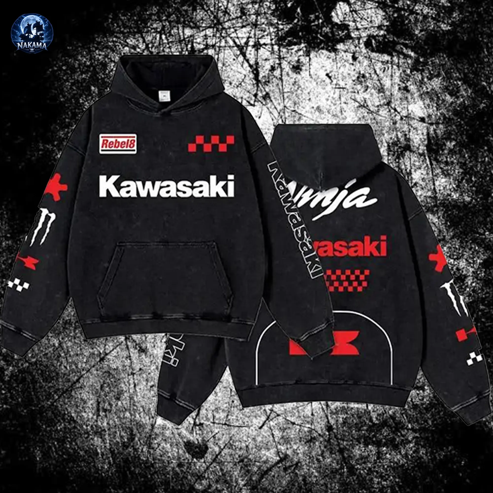 Retro Monster vs Red Kawasaki Ninja Racing Hoodie Acid Washed, Motor World Championship Enthusiast, Motorcycle Off-Road Dirt Bike Graphic Streetwear, Heavyweight Biker Sweatshirt, Retro Moto Gear Motorbike Apparel Men’s Grunge Y2K Racing Jacket Style