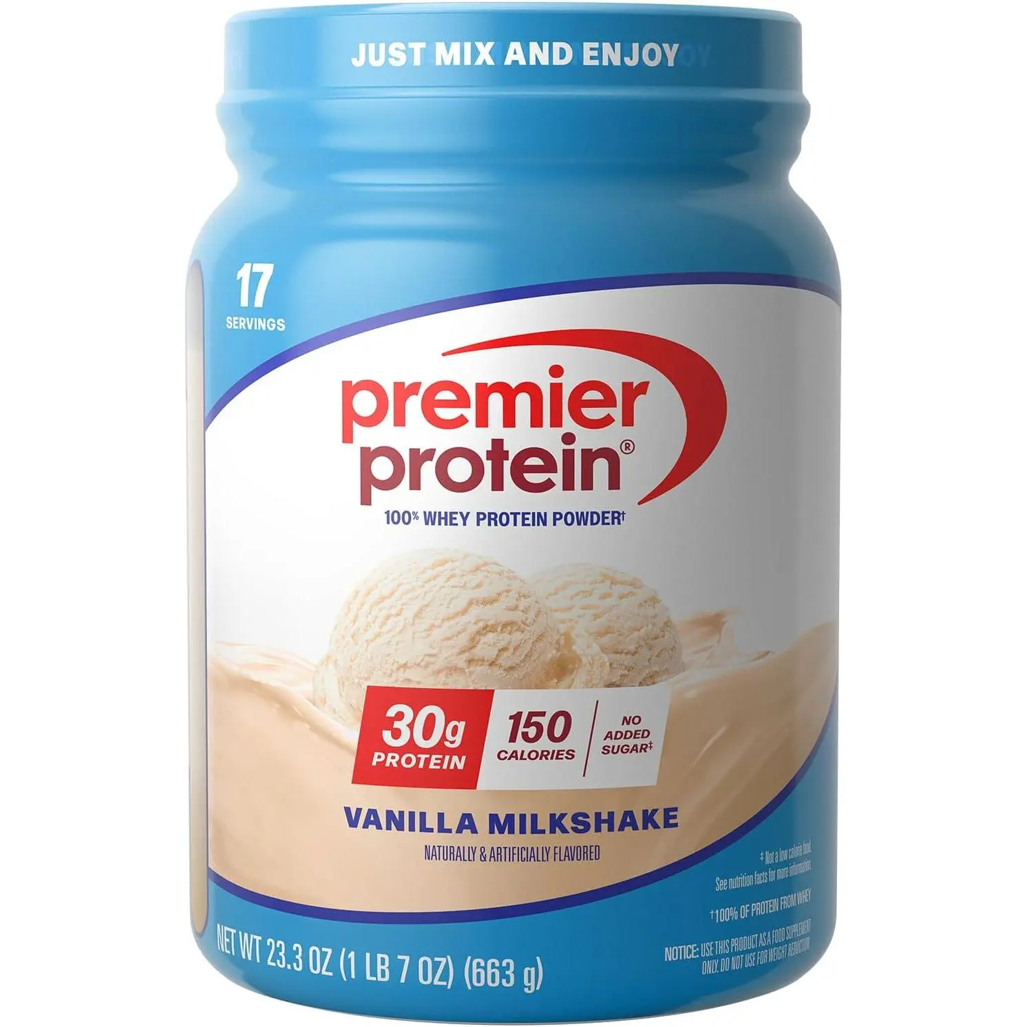 Premier Protein Powder, Vanilla Milkshake, 30g Protein, 1g Sugar, 100% Whey Protein, Keto Friendly, No Soy, Gluten Free, 23.3 oz (17 Servings)