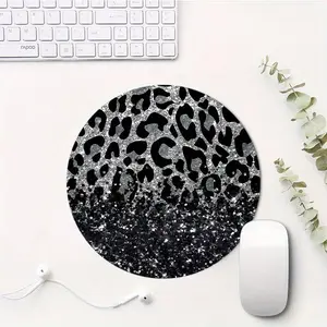 Glitter Leopard Print Mouse Pad, Round Gaming Mouse Pad, Office Desk Accessories, Non-Slip Rubber Base Stitched Edge Desk Pad for Laptop Desktop