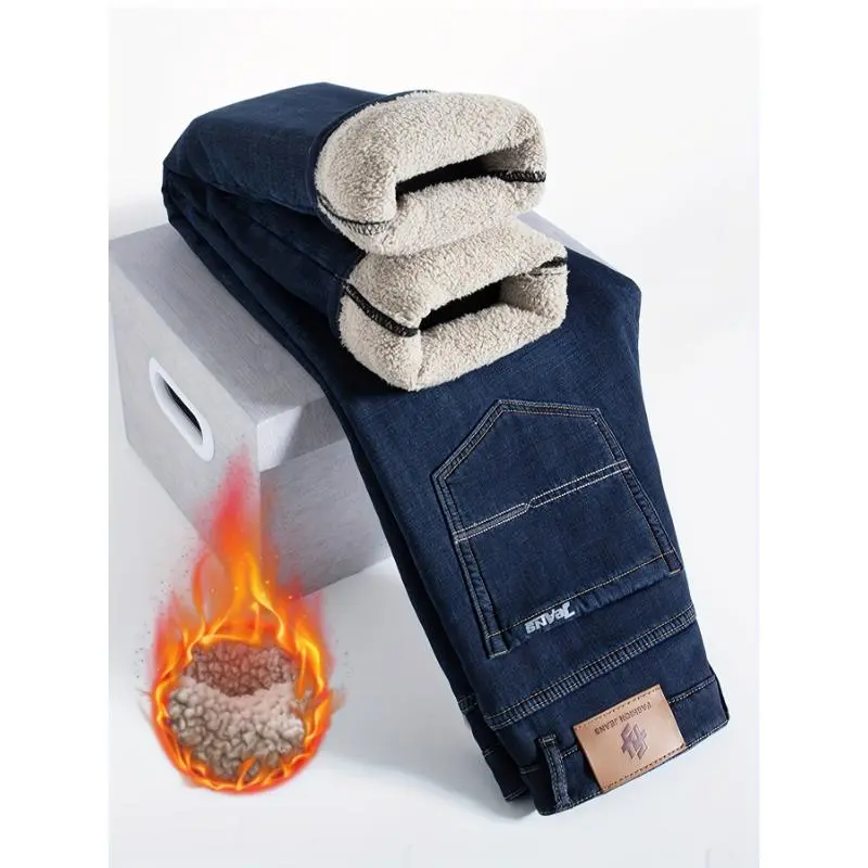 Men's Winter Warm Fleece-Lined Denim Jeans - Menswear Stretch 59% Cotton 41% Polyester Thick Elastic Straight-Leg Regular Fit Casual Cold Weather Machine Washable Pants, Clothes, Basic, 982Black Fleece-Lined, Do Not Dry Clean