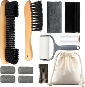 1Set Pool Table Brush Set for Felt, with 2 Wood Brush, 4 Ferrule Polish Cloths, Cue Shaft Cleaner Cloth, Sticky Lint Roller, Storage Bag