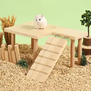 1 Set L-Shaped Solid Wood Hamters Two-Tier Platform Table with Ladder, Hamster Toys Bite-Resistant Stable Pet Hideout, Climbing Furniture for Small Pets, All Seasons Use, Hamster Cage Habitat