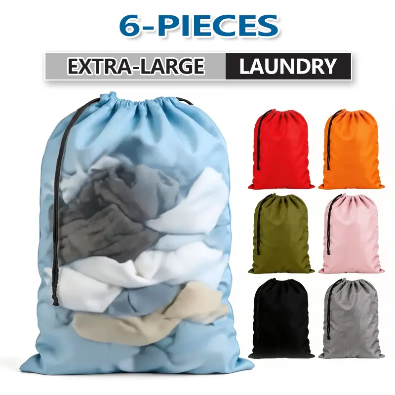 6-Piece Random Color Extra-Large Polyester Laundry Bags (24x39"), Foldable Durable Drawstring Washing Bags - Washable Portable Rollable Hamper Fit Basket Organizer Sack, Ideal for Home & Travel Storage, Easy Fit in Hampers or Baskets
