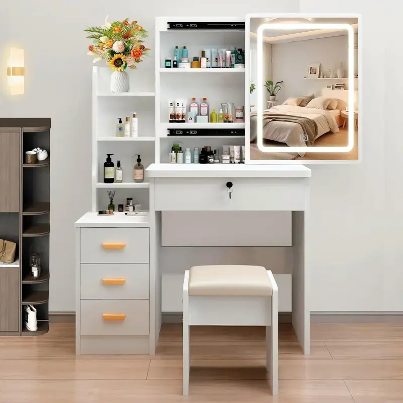 Minimalist bedroom vanity includes lighted mirror, white makeup table with storage space and cushioned stool; suitable for bedrooms, living rooms, dormitories, etc.