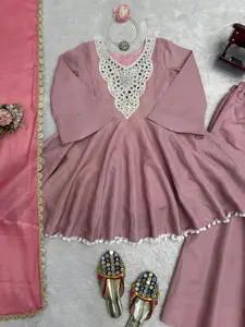 Designer Heavy Cosmos Silk Plazoo Top Set with Mirror Work & Dupatta