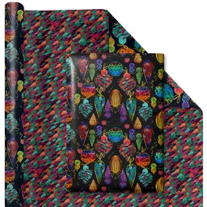 30" x 10' Holiday Wrapping Paper | Jewel Toned Ornaments Metallic Accent on Black Christmas Wrap