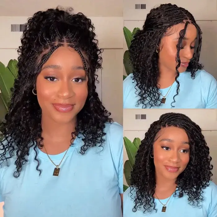 ZLIKE Women's Boho Braids Glueless Wig, Water Wave 100% Human Hair with Adjustable Transparent Lace Closure, Virgin Hair, Wigs Human Hair, Braided Wigs