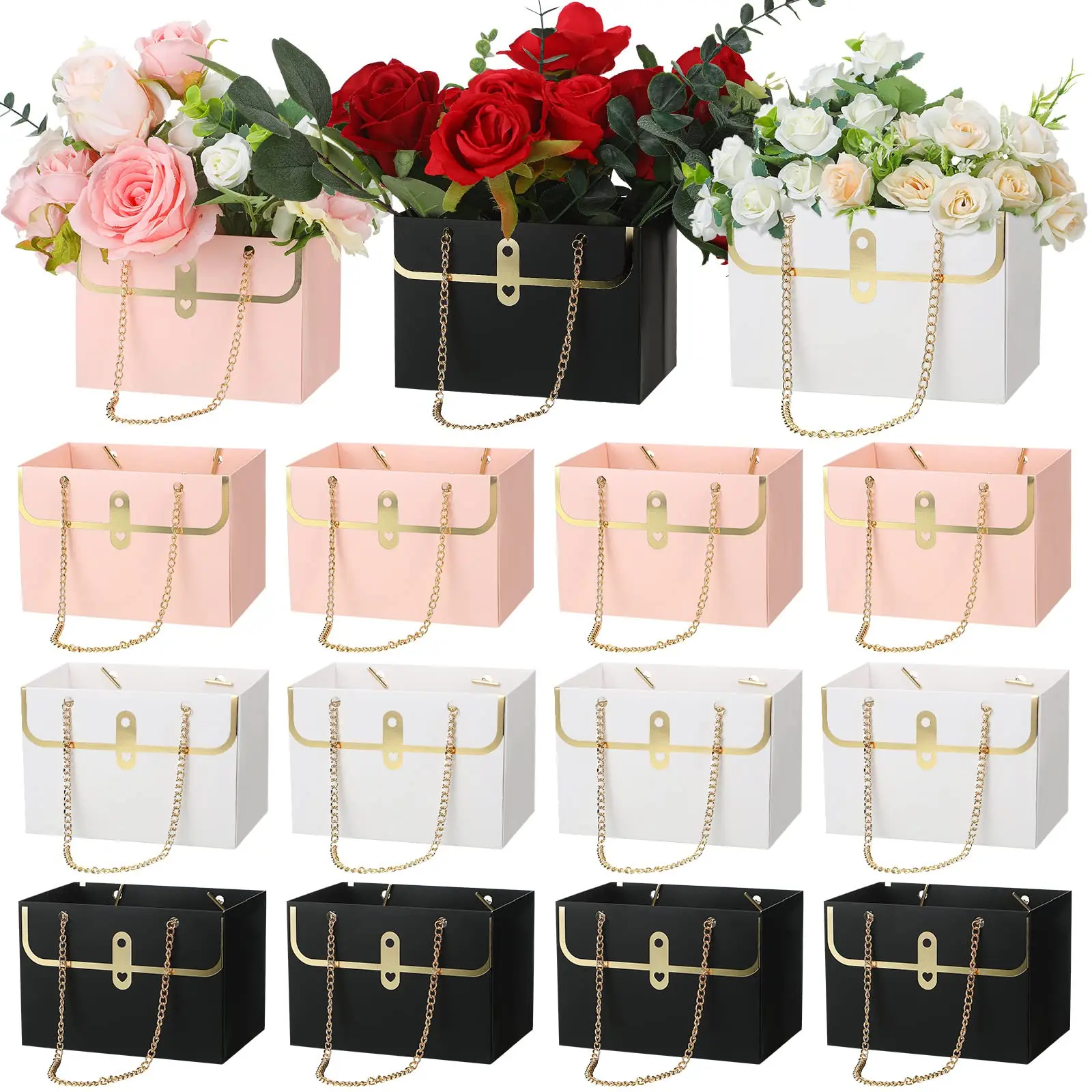 12 Pcs Wedding Paper Flower Bags Bouquet Flower Box bridesmaid proposal box with Metal Chain Boxes for Arrangements Gift Wrapping Bags Florist Tote Bag for Teachers Galentines Birthday Baby Shower Bridal Shower Party Decor Gifts Unique Gift