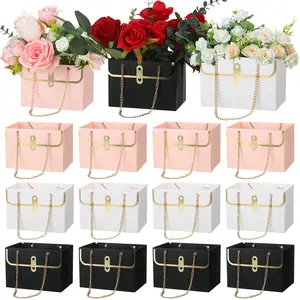 12 Pcs Mother's Day Paper Flower Gift Bags Wedding Bouquet Flower Box with Metal Chain Boxes for Arrangements Gift Wrapping Bags Florist Tote Bag for Graduation Teacher's Day Galentines Birthday Baby Shower Bridal Shower Party