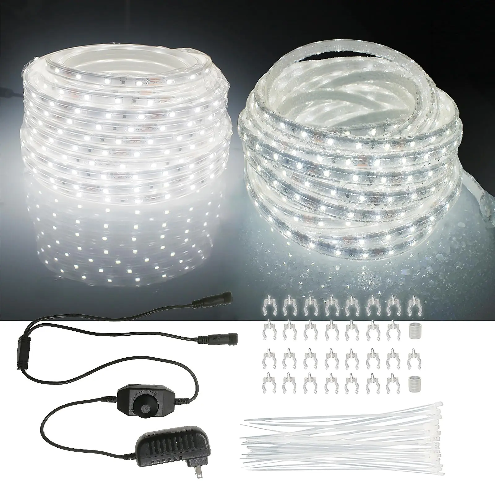 100FT Cool White LED Rope Lights Outdoor Waterproof Dimmable 6000K Daylight Brightness 12V DC Power Supply with Y-Splitter & Rotary Dimmer