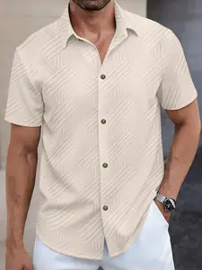 Men's Casual Textured Short Sleeve Shirt, Classic Button-Up Neckwear, Breathable Summer Top, Ideal for Daily Wear and Beach Vacations