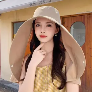 Full face sun protection large brim shawl sun hat neck protection integrated UV protection bucket hat show ponytail