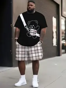 Men's Fashion Casual Plus Size Print Set, Travel Shopping Essential, Loose-Fitting Short Sleeve T-Shirt and Shorts Combo, All Seasons, Menswear Clothes