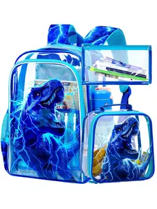 3PCS Clear Dinosaur Backpack Set for Boys, Transparent School Bag with Lunch Bag & Pencil Pouch, Lightning T-Rex Cool Print, Perfect for School & Travel, School Backpacks
