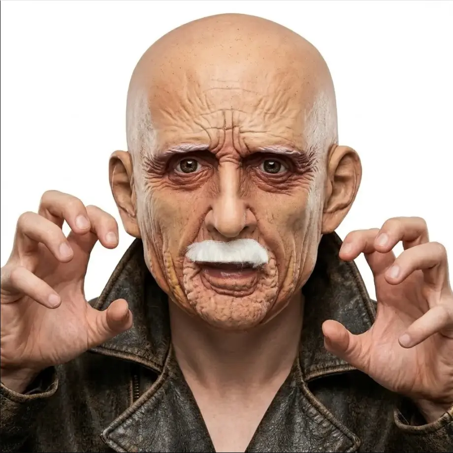 MOKRY PARTY Realistic Bald Old Man Latex Mask with White Mustache, Creepy Elderly Face Mask for Halloween Cosplay Party Costume