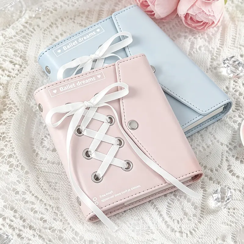 Soft PU Leather Envelope Mini Binder Notebook - Pastels, 72 Sheets, Snap-Button Closure, Ribbon Lace Accessory, Portable, Journaling Supplies, Scrapbooking Tool, Life Planner, Office Stationery, Gift for Stationery Lovers