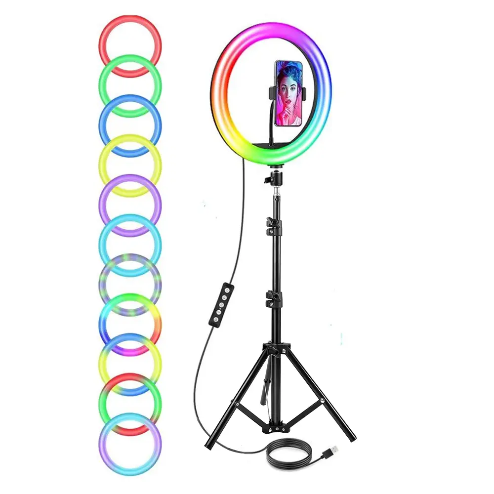 12” rgb color mode Selfie Ring light long tripod with multifunctional foldable 63” Extendable flexible Tripod Stand, LED Light with Phone Holder for Video Recording/Makeup/Content Creator Phone, Camera#SummerWins#Fathersday# spring break