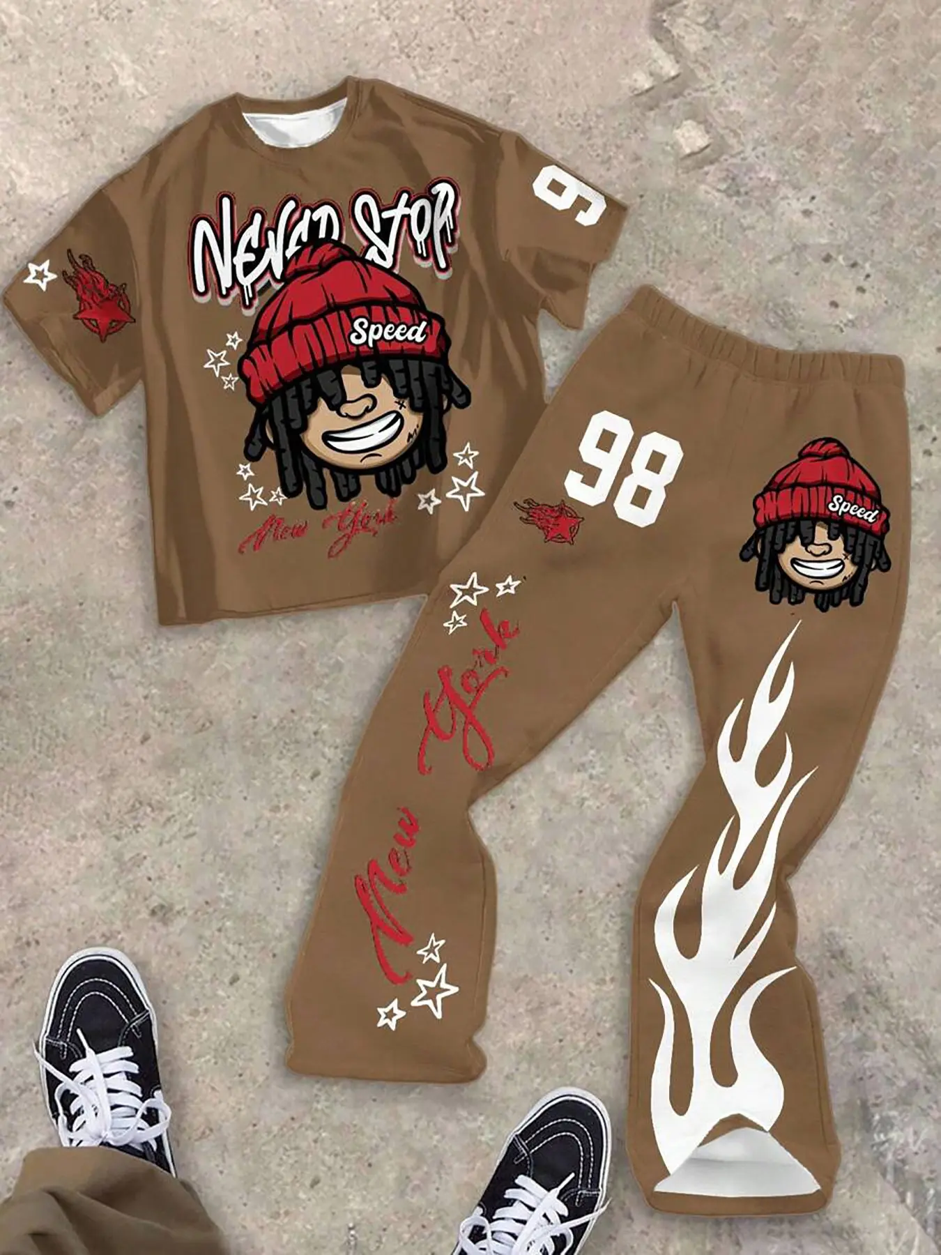 Teen Boy Cartoon Pattern T-Shirt and Bell Bottoms Set, Summer Casual, Outfits Set, Boys' Graphic Top, Kids Two-Piece Clothing, Matching Set, Outfit Sets