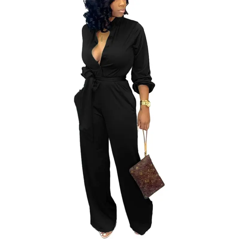 Women's Elegant Long Sleeve Fitted Jumpsuit - Dressy Formal Wedding Church Overalls with Belted Waist, Pockets, Slimming Full-Length Design, Multi-Size Black, Lady