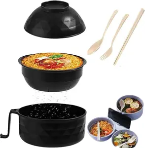 6-Piece Set Ramen Bowl Set,Microwave Ramen Bowl, Ramen Noodles Bowl, microwave ramen cooker，Ramen Noodle Cooker with Lid And Handle, for Home Office Dorm Room (Black)