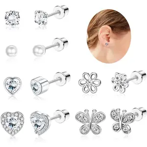 MILACOLATO Hypoallergenic Earrings for Girls Women S925 Sterling Silver Post Earrings Heart CZ Toddler Earring Pearl Butterfly Girls Earring Screw Back Earrings for Sensitive Ears(over 4 years old)
