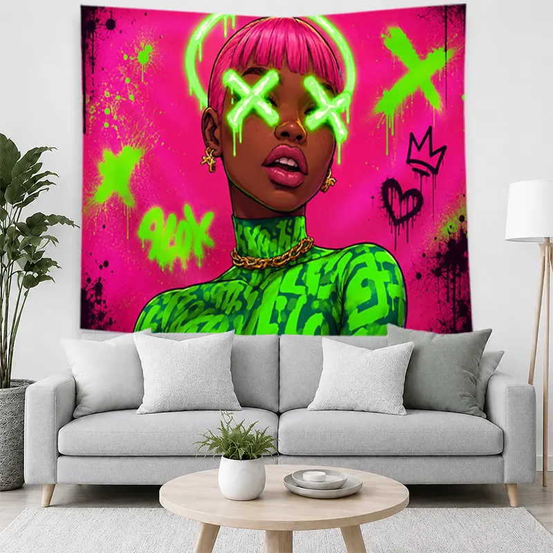 Colorful Neon X Glowing Eyes Girl Portrait Tapestry - Hot Pink-Lime Green Street Art Graffiti Wall Hanging, Bold Urban Fabric Wall Art for Bedroom Decor, Home Decor Gift Idea