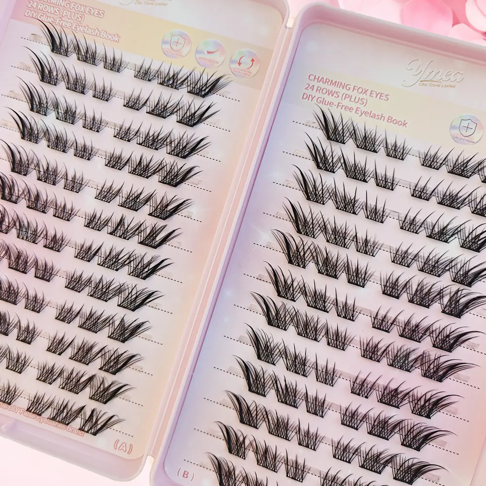 Self Adhesive False Lashes - Large Capacity 24 Pairs Fox Eye Style (Daji Inspired), No Glue Needed, Glueless Lashes, Reusable, Voluminous Fluffy Lifting Eyelashes for Dramatic Eye Enlargement, Easy Application Faux Lashes for Fox-Inspired Makeup