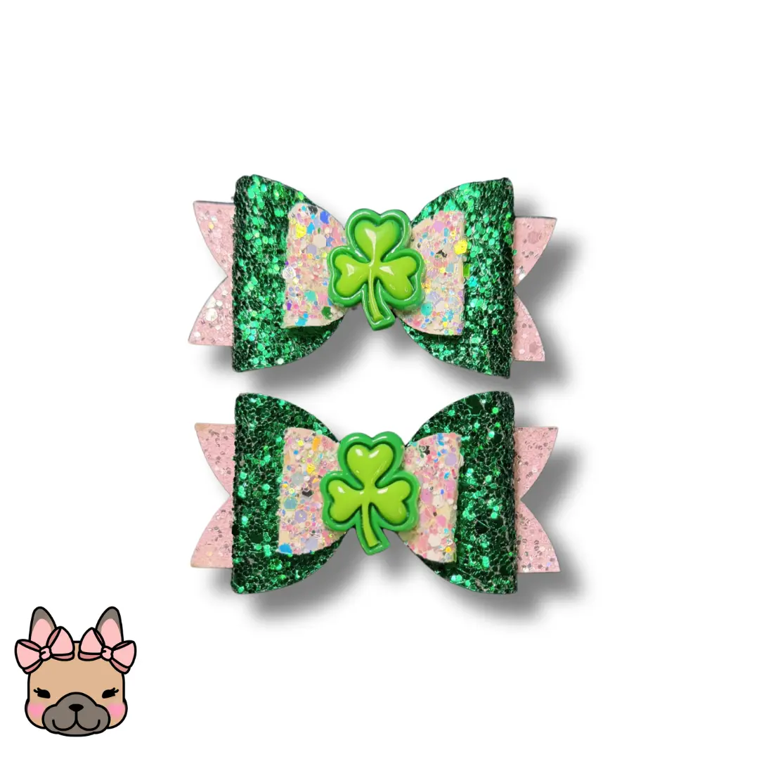 Lucky Charm Double Dog Bows - Saint Patrick's Day Dog Accessories - Green and White Dog Bows