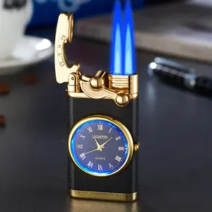(Butane Gas Not Included) Metal Windproof lighter, Vintage Butane Lighter - Double Blue Flame Lighter - Ideal for Camping, BBQ, Fireplace, Gifts for Men, Dad, Husband - Indoor/Outdoor Use