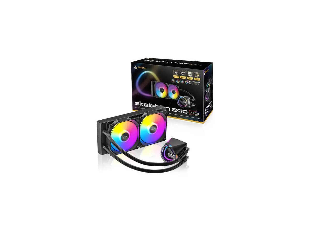 Antec Skeleton 240 ARGB Liquid CPU Cooler, 240mm Radiator, 2 x  120mm PWM ARGB Fans, Hydraulic Bearing, Copper Base, Intel LGA 115X/1200/1700/20XX, AMD AM4/AM5, Black